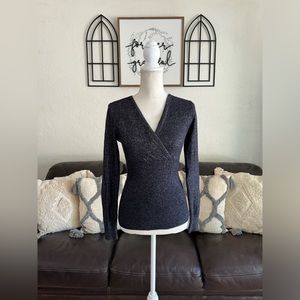 Vintage 90’s Cache V Neck Crossover Ribbed Long Sleeve Size M Silver Glitter